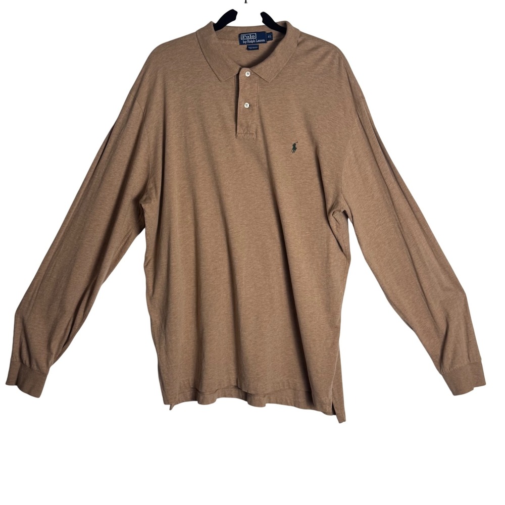 Polo Ralph Lauren Mens XL Long Sleeve Polo Shirt Tan Brown Heather Cotton Pony